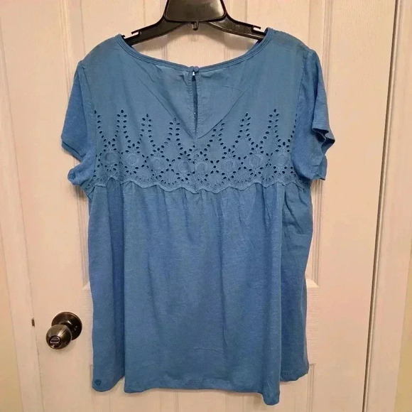 ❤ NWT Jachs Girlfriend Blue Cotton Top Large Slub Knit Short Sleeved Eyelet Yoke - Picture 7 of 12